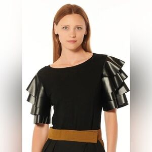 Women's Gracia Ruffles Pleather Tiered Short Sleeve Top